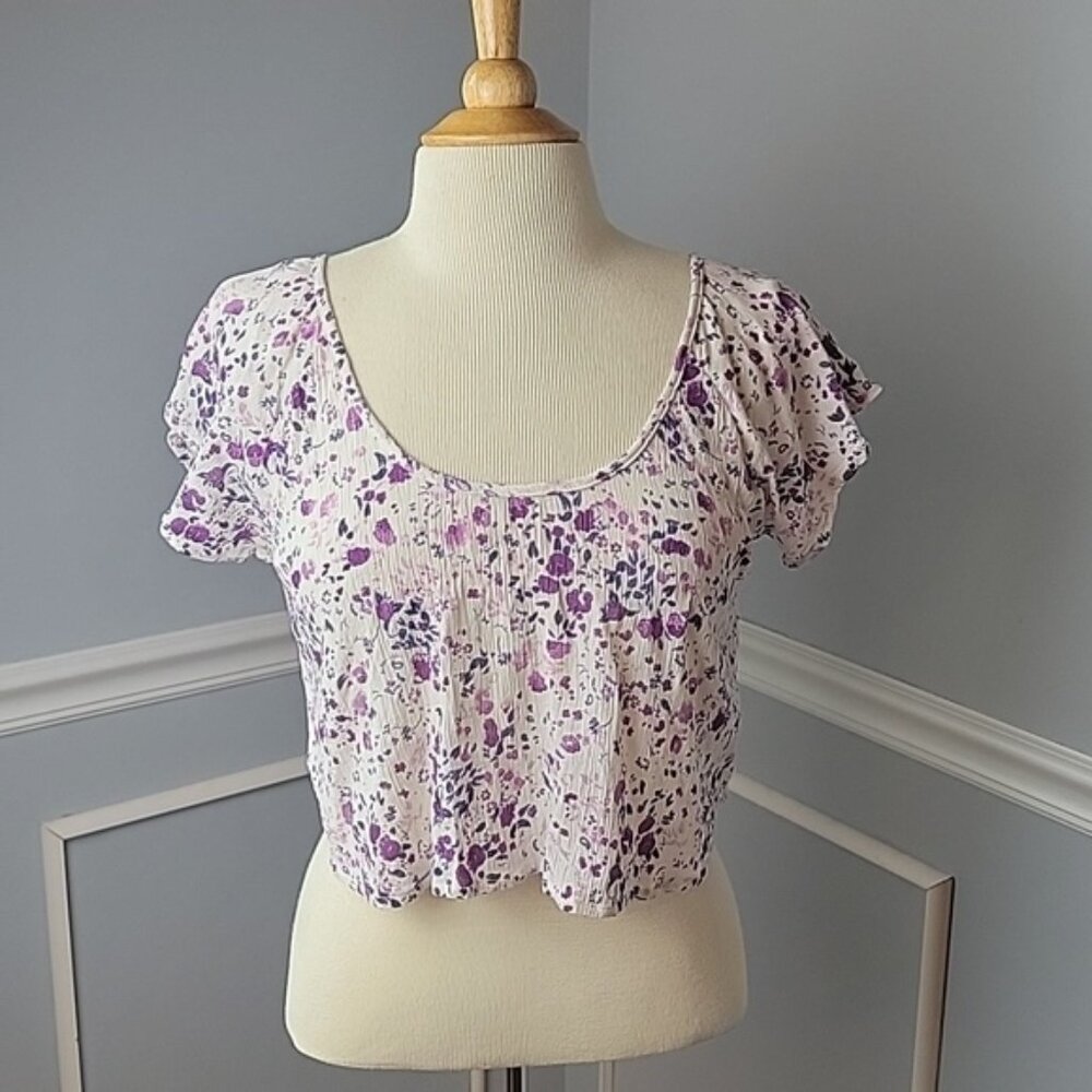 BILLABONG Purple Floral Scoop Neck Gauze Flutter Short‎ Sleeve Boho Crop Top M